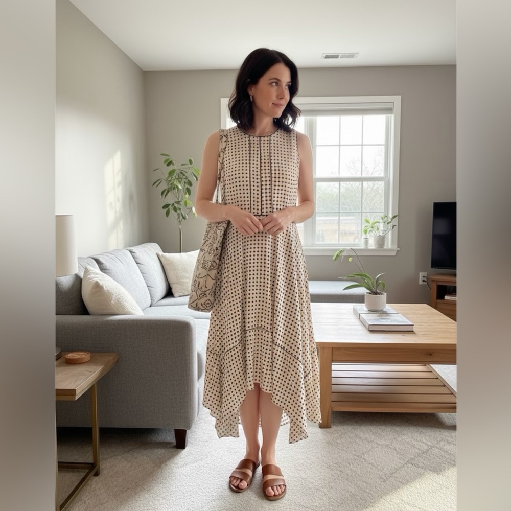 Donna Karan Cream and Black Asymmetrical Dress